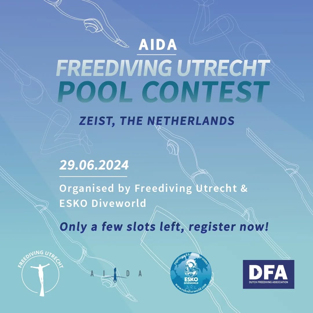 Saturday the 29th of June the AIDA Freediving Utrecht Pool Contest will be organized in Zeist.
⚠️There are still slots left, so visit our website for more information and registration (link in bio). ⚠️
The competition is organized by @freedivingutrecht in cooperation with @eskodiveworld. #freedivingutrecht #aida #freediving #poolcompetition #poolfreediving #sta #dnf #dynb #dyn